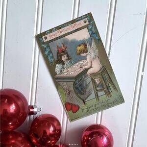 Antique 1910 Valentine’s Day Postcard Embossed Gilded Loves Fortune Telling